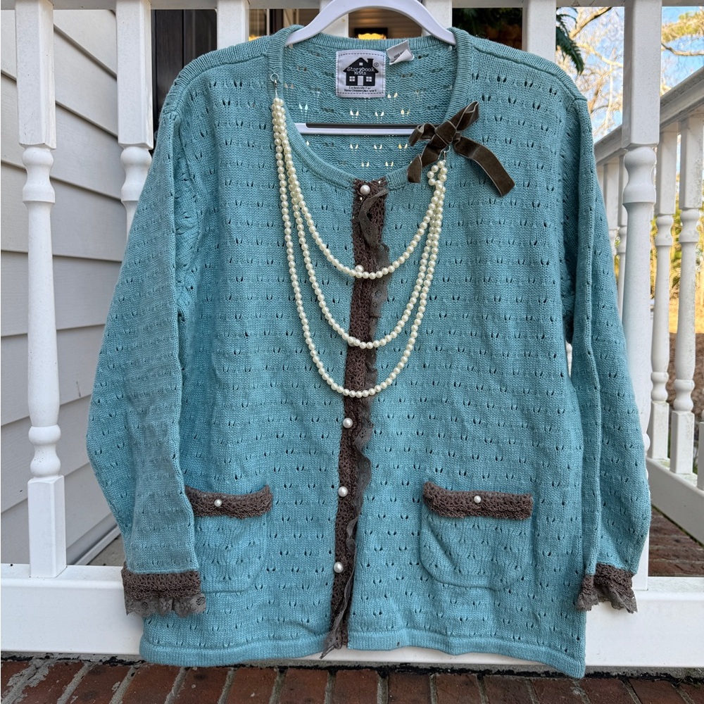 Vintage Storybook Knits Button Up Cardigan Sweater Size Large Pearl Necklace - Picture 1 of 7